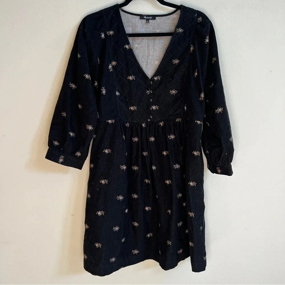 Womens Black Madewell Corduroy Quilted-Bib Mini Dress in Blurred Ikat Item NI714 - Picture 4 of 6